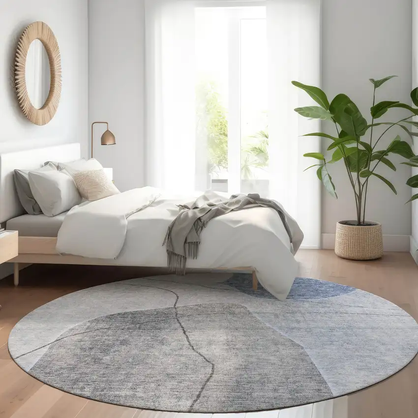 8' Denim Blue And Sky Blue Round Abstract Washable Indoor Outdoor Area Rug Photo 8