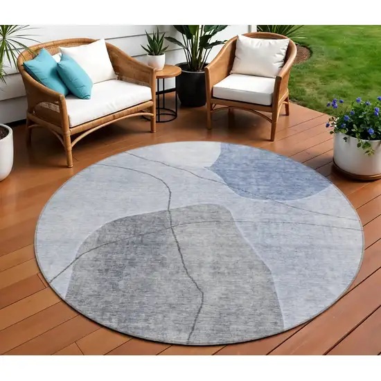 8' Denim Blue And Sky Blue Round Abstract Washable Indoor Outdoor Area Rug Photo 1