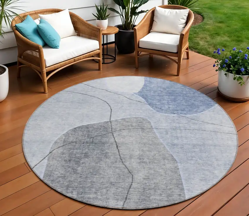 8' Denim Blue And Sky Blue Round Abstract Washable Indoor Outdoor Area Rug Photo 1