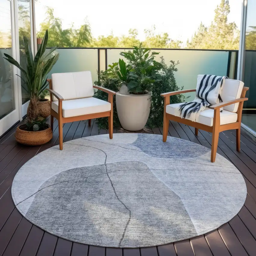 8' Denim Blue And Sky Blue Round Abstract Washable Indoor Outdoor Area Rug Photo 7