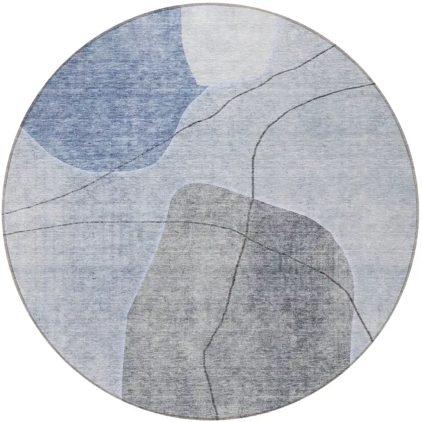 8' Denim Blue And Sky Blue Round Abstract Washable Indoor Outdoor Area Rug Photo 6