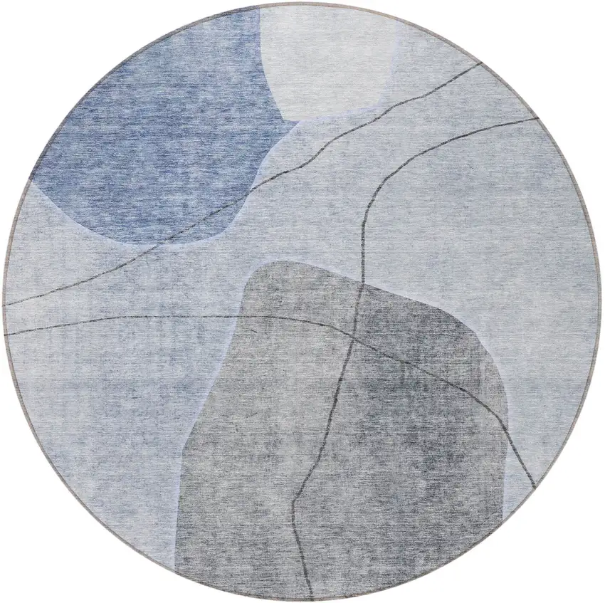 8' Denim Blue And Sky Blue Round Abstract Washable Indoor Outdoor Area Rug Photo 6