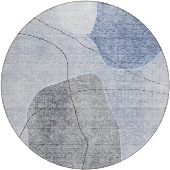 8' Denim Blue And Sky Blue Round Abstract Washable Indoor Outdoor Area Rug Photo 2
