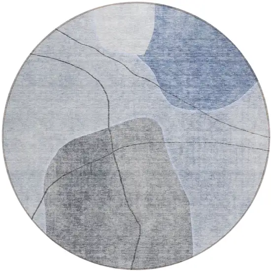 8' Denim Blue And Sky Blue Round Abstract Washable Indoor Outdoor Area Rug Photo 2