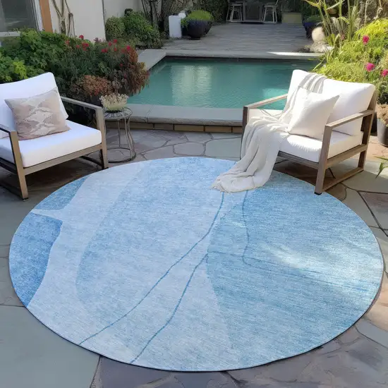 8' Denim Blue And Sky Blue Round Abstract Washable Indoor Outdoor Area Rug Photo 6