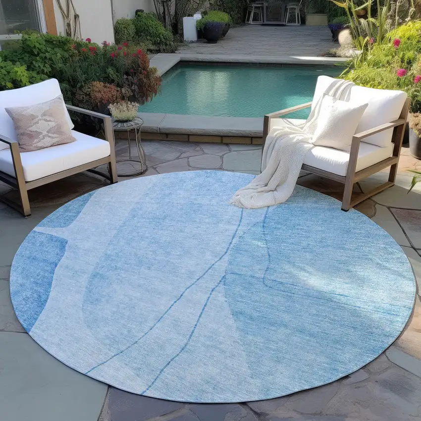8' Denim Blue And Sky Blue Round Abstract Washable Indoor Outdoor Area Rug Photo 6