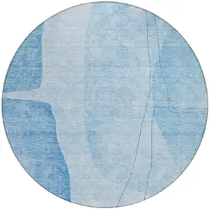 Photo of 8' Denim Blue And Sky Blue Round Abstract Washable Indoor Outdoor Area Rug