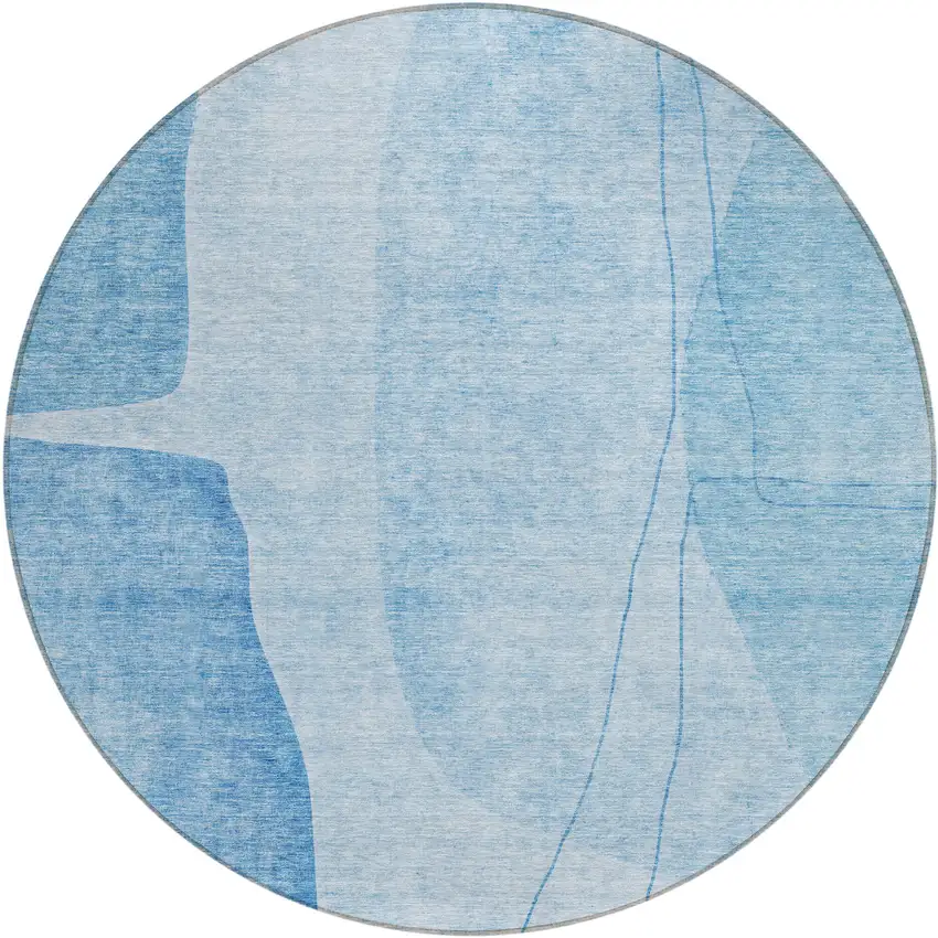 8' Denim Blue And Sky Blue Round Abstract Washable Indoor Outdoor Area Rug Photo 1
