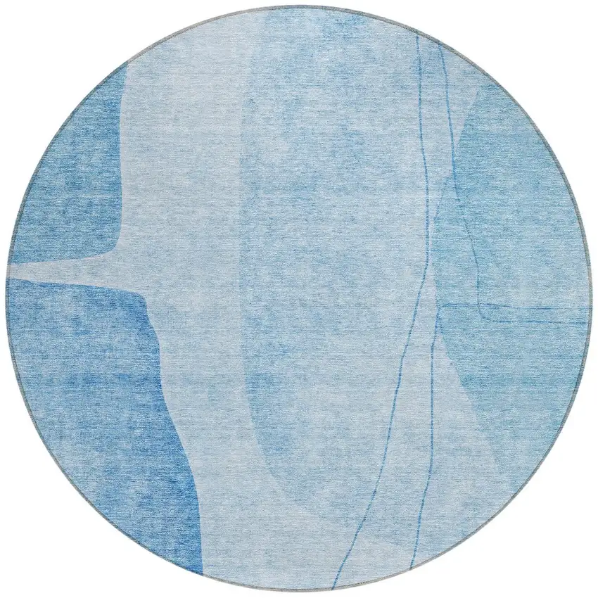 8' Denim Blue And Sky Blue Round Abstract Washable Indoor Outdoor Area Rug Photo 5