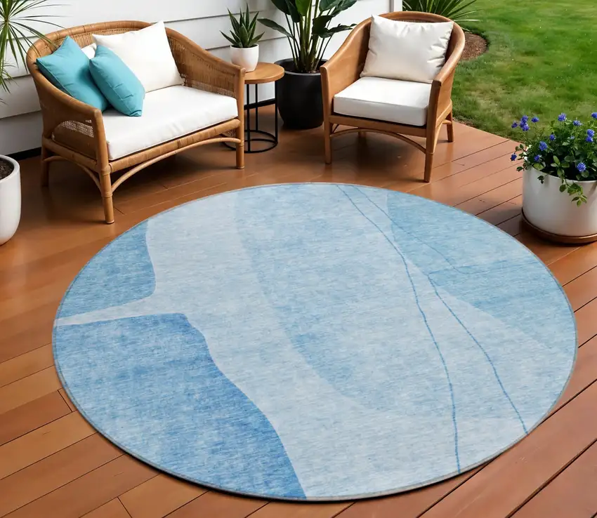 8' Denim Blue And Sky Blue Round Abstract Washable Indoor Outdoor Area Rug Photo 1