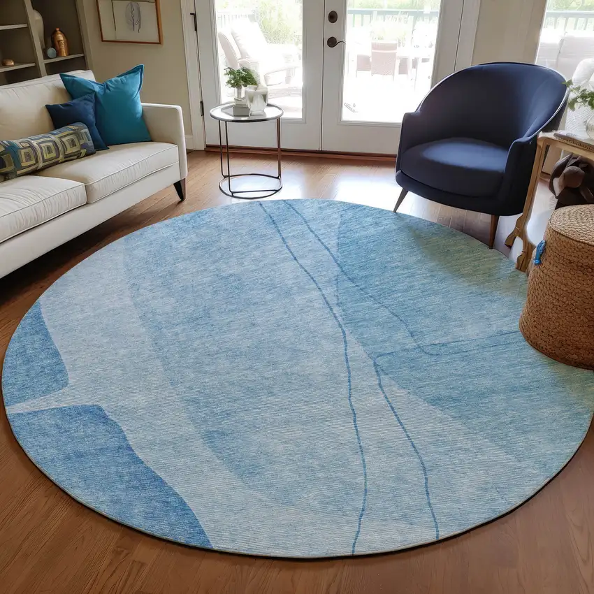8' Denim Blue And Sky Blue Round Abstract Washable Indoor Outdoor Area Rug Photo 7
