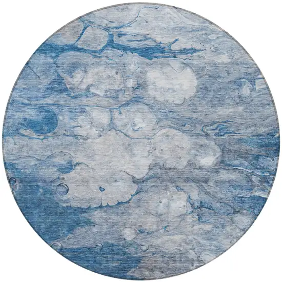 8' Denim Blue And Sky Blue Round Abstract Washable Indoor Outdoor Area Rug Photo 5
