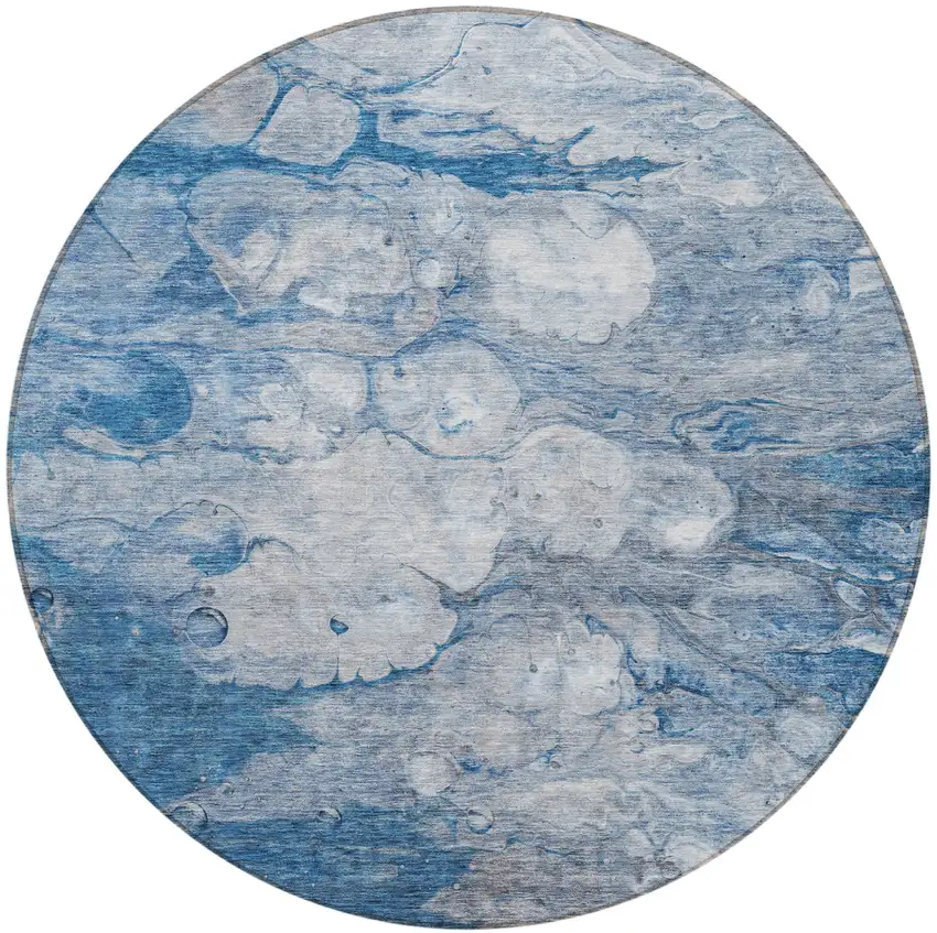 8' Denim Blue And Sky Blue Round Abstract Washable Indoor Outdoor Area Rug Photo 5