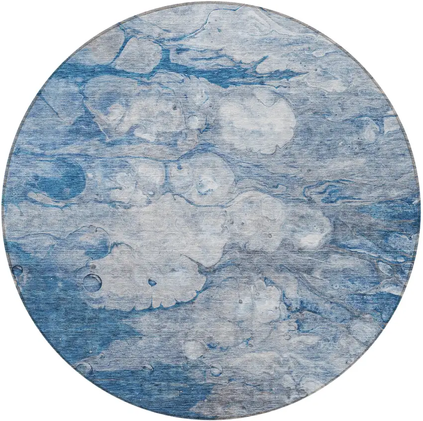 8' Denim Blue And Sky Blue Round Abstract Washable Indoor Outdoor Area Rug Photo 5