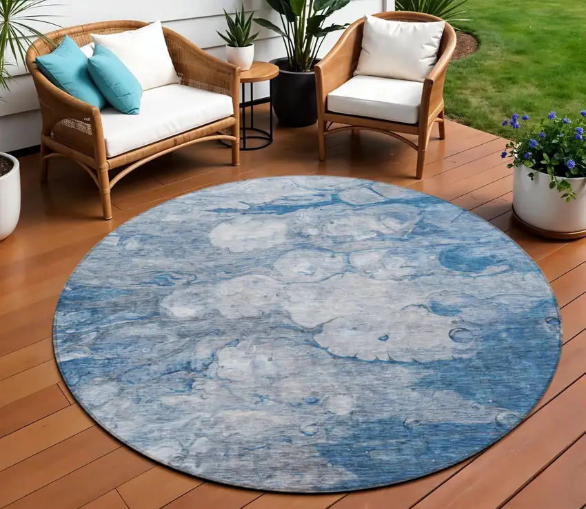 8' Denim Blue And Sky Blue Round Abstract Washable Indoor Outdoor Area Rug Photo 1