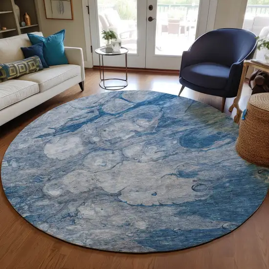 8' Denim Blue And Sky Blue Round Abstract Washable Indoor Outdoor Area Rug Photo 7