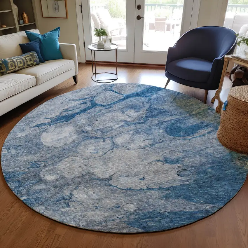 8' Denim Blue And Sky Blue Round Abstract Washable Indoor Outdoor Area Rug Photo 7