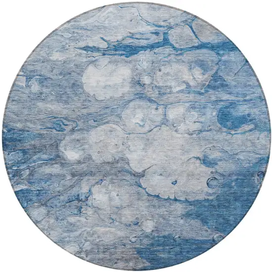 8' Denim Blue And Sky Blue Round Abstract Washable Indoor Outdoor Area Rug Photo 1