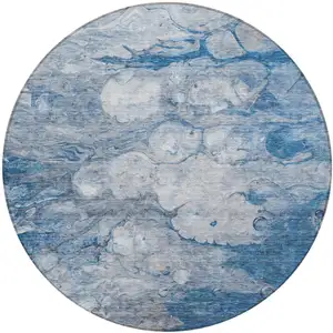 Photo of 8' Denim Blue And Sky Blue Round Abstract Washable Indoor Outdoor Area Rug