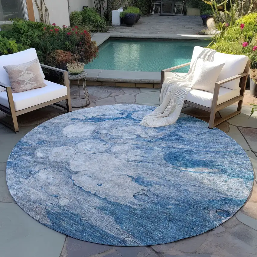 8' Denim Blue And Sky Blue Round Abstract Washable Indoor Outdoor Area Rug Photo 6