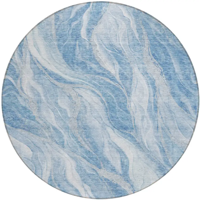 8' Denim Blue And Sky Blue Round Abstract Washable Indoor Outdoor Area Rug Photo 2