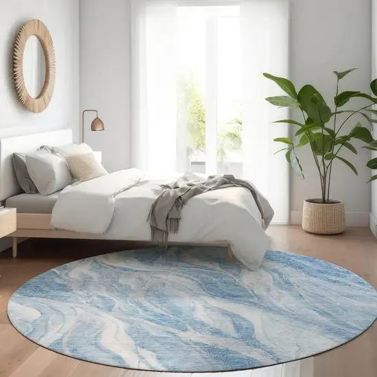8' Denim Blue And Sky Blue Round Abstract Washable Indoor Outdoor Area Rug Photo 7