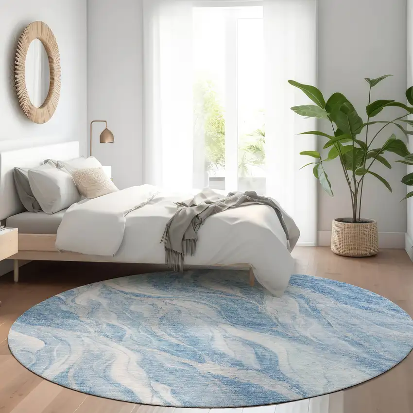 8' Denim Blue And Sky Blue Round Abstract Washable Indoor Outdoor Area Rug Photo 7
