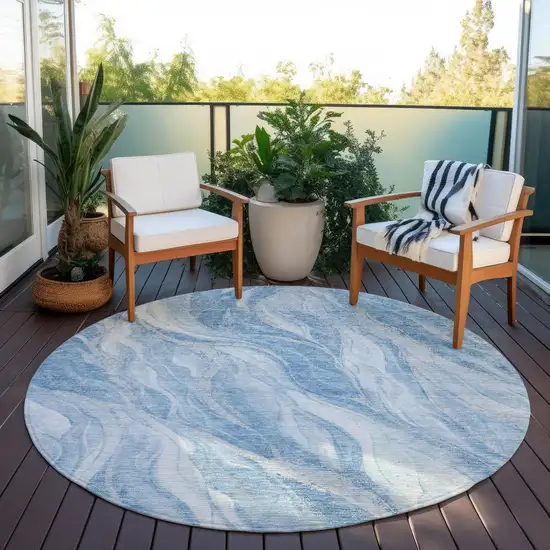 8' Denim Blue And Sky Blue Round Abstract Washable Indoor Outdoor Area Rug Photo 6