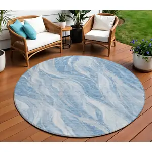 Photo of 8' Denim Blue And Sky Blue Round Abstract Washable Indoor Outdoor Area Rug