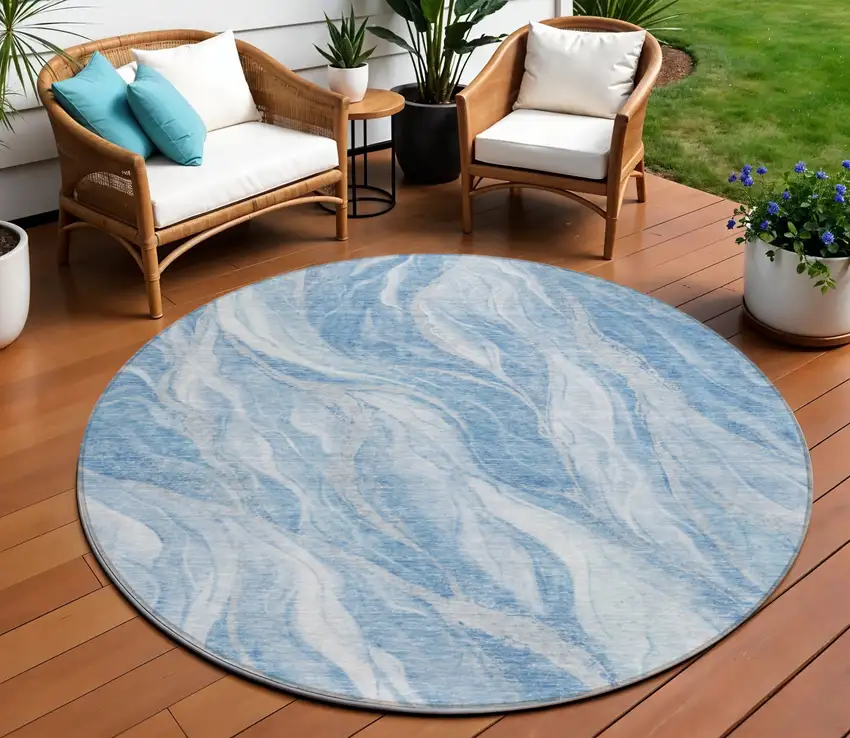 8' Denim Blue And Sky Blue Round Abstract Washable Indoor Outdoor Area Rug Photo 1