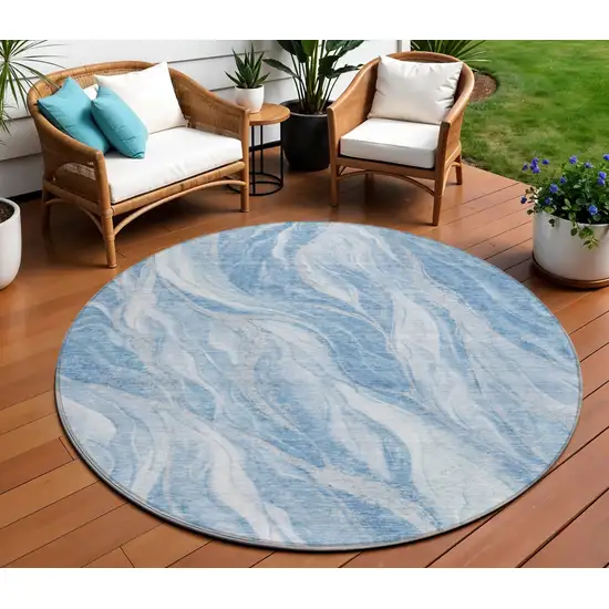 8' Denim Blue And Sky Blue Round Abstract Washable Indoor Outdoor Area Rug Photo 1