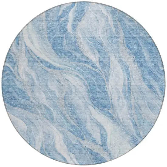 8' Denim Blue And Sky Blue Round Abstract Washable Indoor Outdoor Area Rug Photo 5
