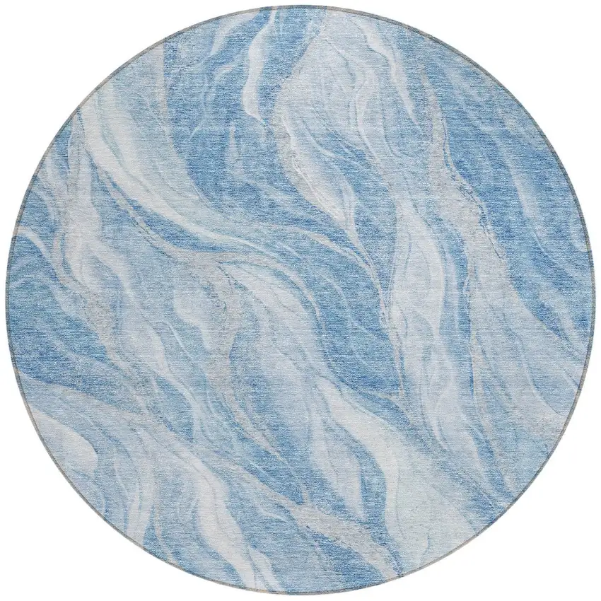 8' Denim Blue And Sky Blue Round Abstract Washable Indoor Outdoor Area Rug Photo 5