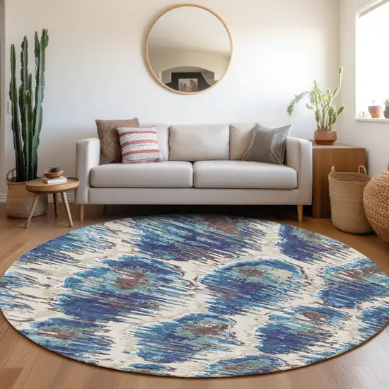 8' Denim Blue And Sky Blue Round Abstract Washable Indoor Outdoor Area Rug Photo 8