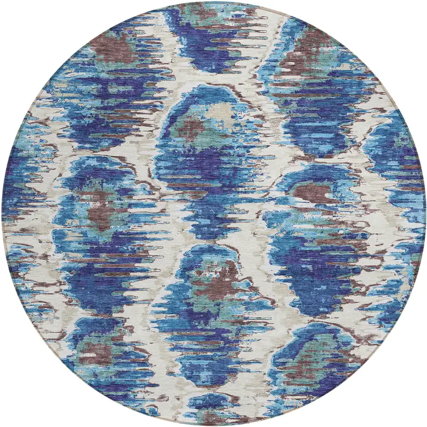 8' Denim Blue And Sky Blue Round Abstract Washable Indoor Outdoor Area Rug Photo 1