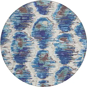 Photo of 8' Denim Blue And Sky Blue Round Abstract Washable Indoor Outdoor Area Rug