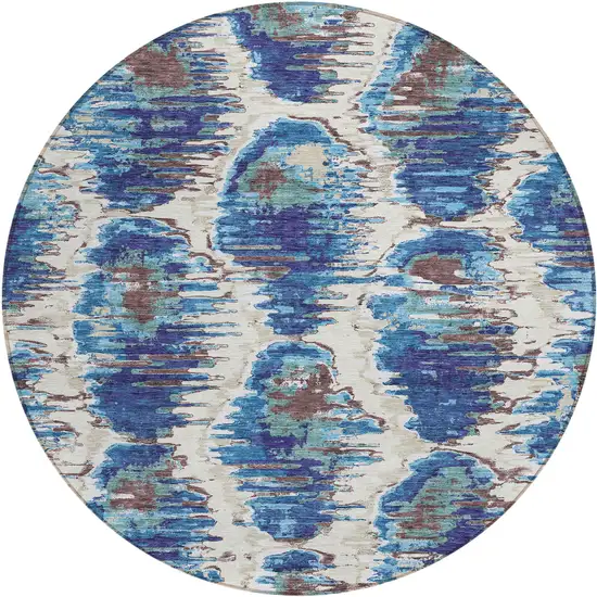 8' Denim Blue And Sky Blue Round Abstract Washable Indoor Outdoor Area Rug Photo 1