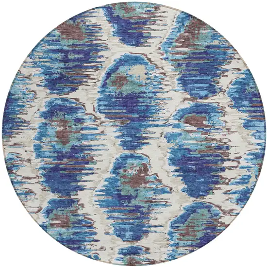 8' Denim Blue And Sky Blue Round Abstract Washable Indoor Outdoor Area Rug Photo 1