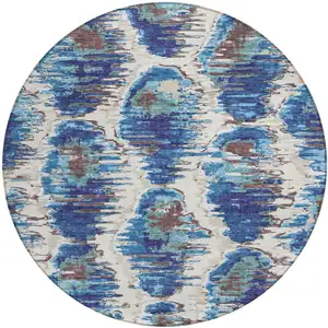 Photo of 8' Denim Blue And Sky Blue Round Abstract Washable Indoor Outdoor Area Rug