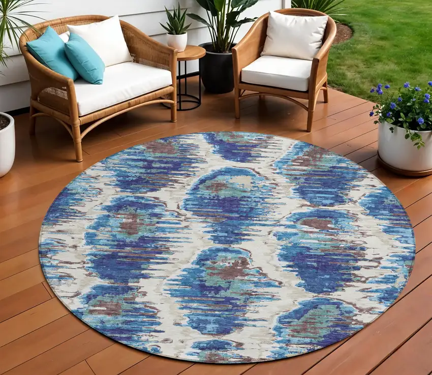 8' Denim Blue And Sky Blue Round Abstract Washable Indoor Outdoor Area Rug Photo 1