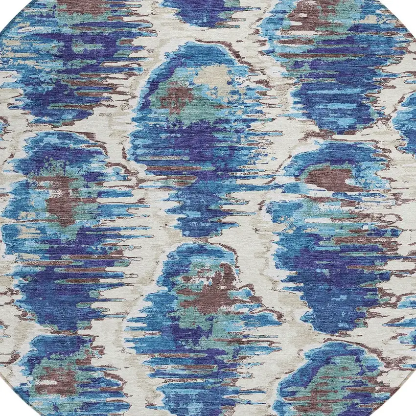 8' Denim Blue And Sky Blue Round Abstract Washable Indoor Outdoor Area Rug Photo 5