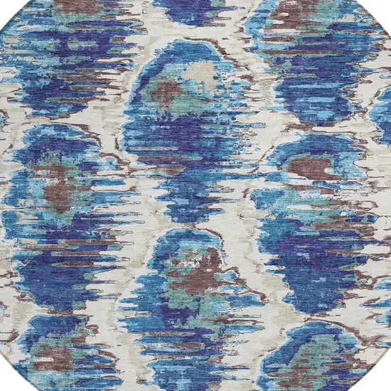 8' Denim Blue And Sky Blue Round Abstract Washable Indoor Outdoor Area Rug Photo 5