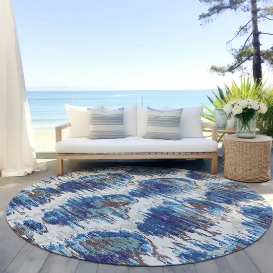 8' Denim Blue And Sky Blue Round Abstract Washable Indoor Outdoor Area Rug Photo 7