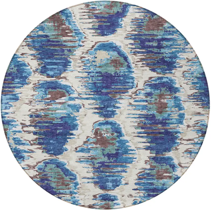 8' Denim Blue And Sky Blue Round Abstract Washable Indoor Outdoor Area Rug Photo 6