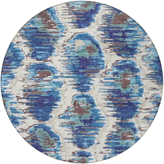 8' Denim Blue And Sky Blue Round Abstract Washable Indoor Outdoor Area Rug Photo 6