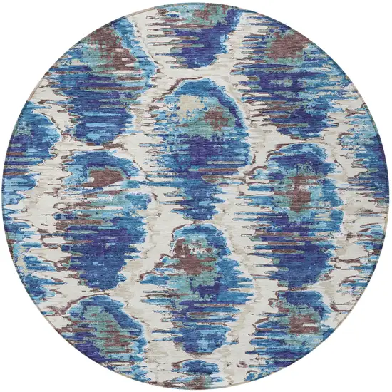 8' Denim Blue And Sky Blue Round Abstract Washable Indoor Outdoor Area Rug Photo 6