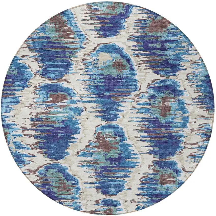 8' Denim Blue And Sky Blue Round Abstract Washable Indoor Outdoor Area Rug Photo 6