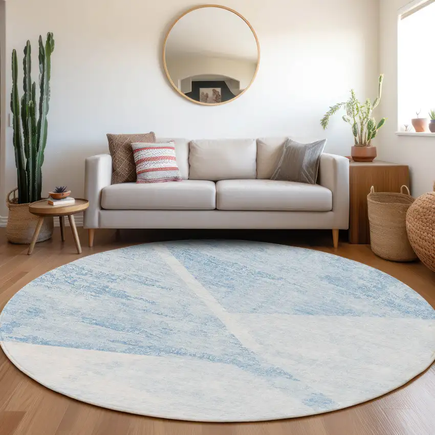 8' Denim Blue And Sky Blue Round Abstract Washable Indoor Outdoor Area Rug Photo 7