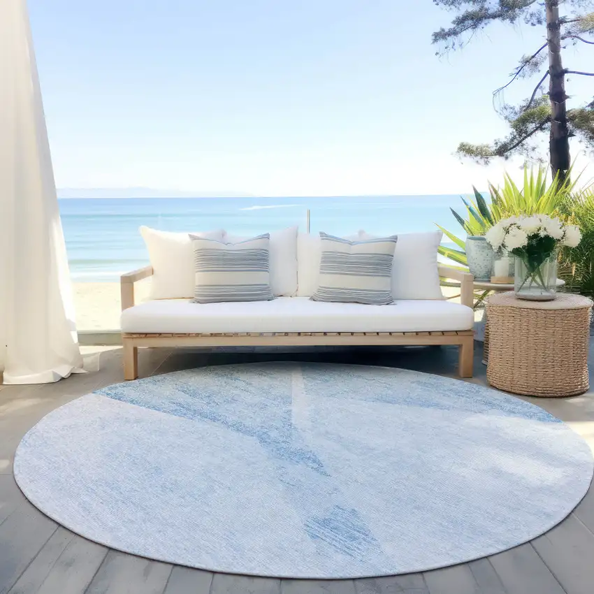 8' Denim Blue And Sky Blue Round Abstract Washable Indoor Outdoor Area Rug Photo 6