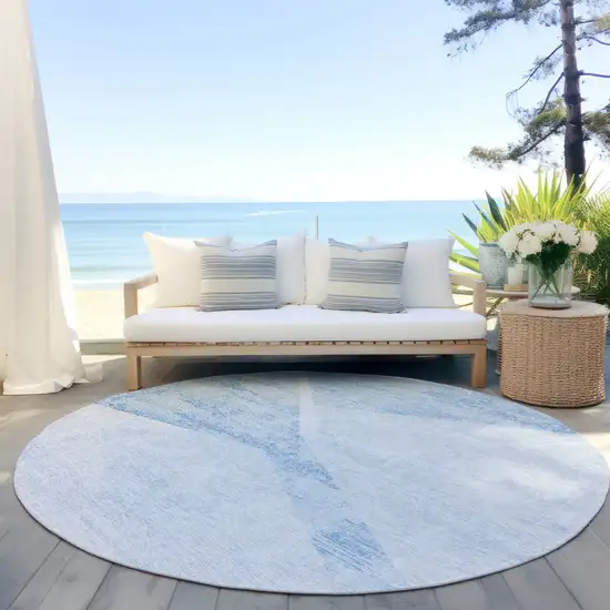 8' Denim Blue And Sky Blue Round Abstract Washable Indoor Outdoor Area Rug Photo 6